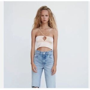 NWT Zara Cut-Out Satin Effect Crop Top Champagne Beige-Pink Size XS